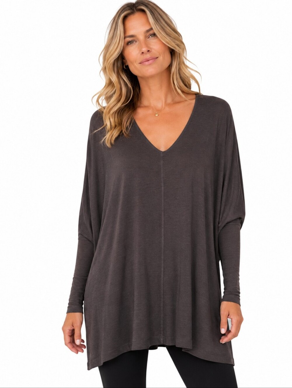 Bryn Walker Oversized Dolman V-Neck Tunic M Brown Siro Rayon Stretch Lagenlook